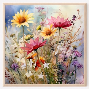 Wildflower field art watercolor painting landscape wildflowers wall art neutral landscape meadow art flower field print farmhouse wall decor