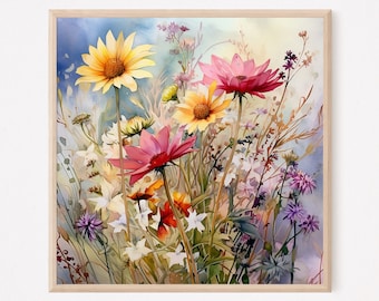 Wildflower Field Watercolor Painting: Neutral Landscape Art Print