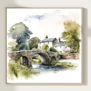 Aquarell Malerei Druck, Fluss Brücke, Dorf, Wohnkultur Geschenk. RB