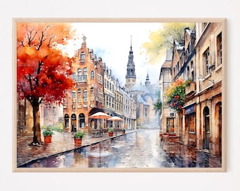 May include: A watercolor painting of a European street scene with a tall church steeple in the background. The street is lined with buildings and there are trees with red leaves on either side. The street is wet from rain and there are reflections in the puddles.