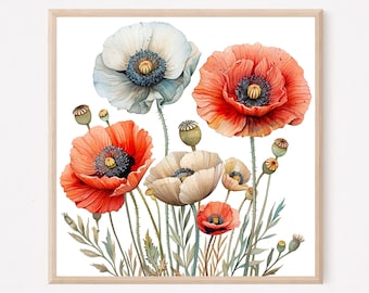 Impression de coquelicots ferme art mural style vintage coquelicot aquarelle coquelicot peinture art floral neutre campagne peinture décoration murale minimaliste