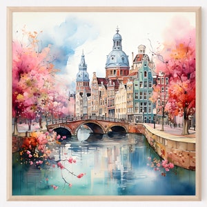 Amsterdam Netherlands Canal, Amsterdam Wall Art, Springtime Watercolor Painting, Architecture Print, Amsterdam Poster