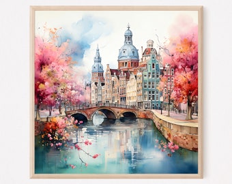 Amsterdam Canal Watercolor Print: Springtime Architecture Art