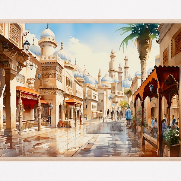 Dubai Gold Souks Aquarelle Peinture Art Print, Dubaï Émirats Arabes Unis Cadeau de voyage, Affiche de ville, Cadeau de décoration intérieure, Cadeau d’anniversaire. Émirats arabes unis