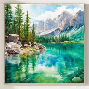 Mountain Lake Watercolor Blue Green Wall Art Panoramic Landscape ...