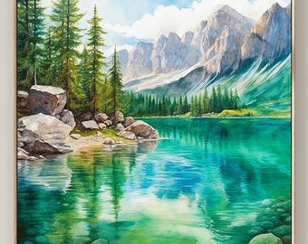 山の湖の水彩画プリント：パノラマ抽象風景画 - Etsy 日本