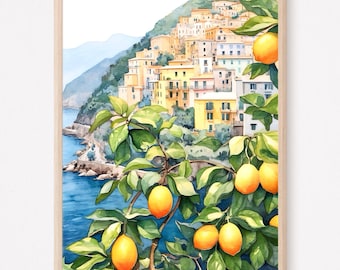 Amalfi Coast Watercolor Print, Positano Italy Lemon Tree Wall Art Decor