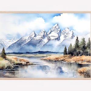 Grand Teton Mountains National Park Druck, Quadratische Wandkunst, Aquarell Reise Kunstdruck