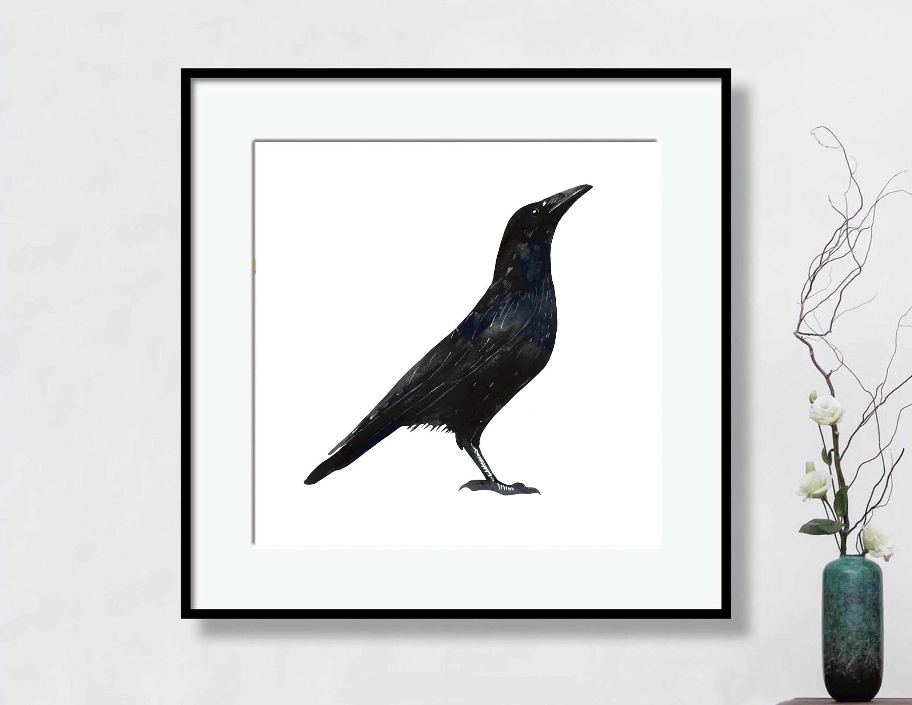 Raven Watercolor Painting, Black Bird Wall Art, Crow Painting, Square