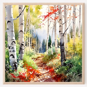 Birch Grove Watercolor Print: Serene Landscape Art