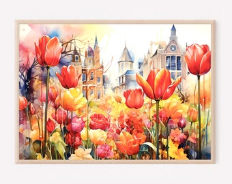 Amsterdam Tulips Watercolor Art Print: Netherlands Travel Gift