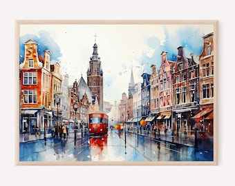 Amsterdam Aquarell Stadtbild Druck: Europa Reise Kunst