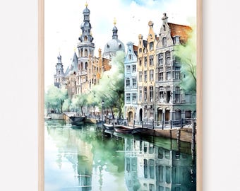 Amsterdam Canal Watercolor Art Print: Netherlands Travel Poster