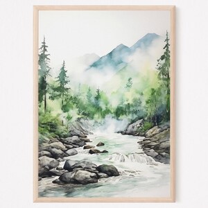 Alaska Watercolor Art Print: Foggy Mountain River Landscape
