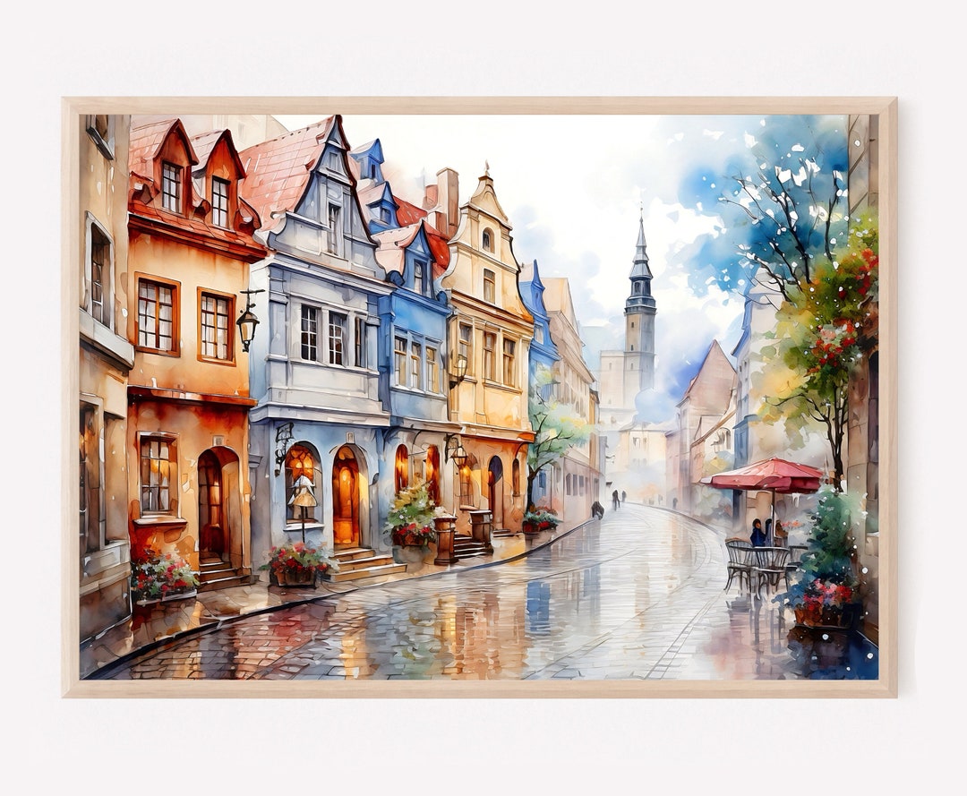 Prague Watercolor Art Print, Panorama Prague Travel Poster, Europe Wall Decor, Travel Gift