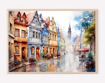 Lámina artística en acuarela de Praga: Póster panorámico de viaje, República Checa