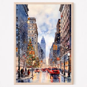 New York Print, Cityscape Wall Art, Watercolor Painting, City View Art Vertical, Home Decor Gift, NYC Wall Art, Winter In City