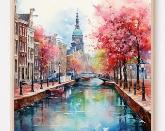 Amsterdam Canal Watercolor Painting Print, European Travel Poster, Vintage City Wall Art