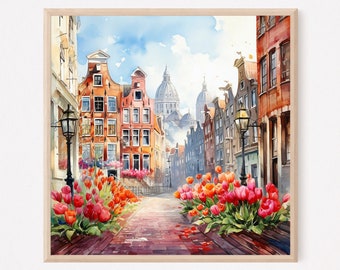Amsterdam Tulips Watercolor Art Print: Holland Travel Poster