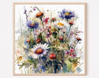 Wildblumen Feld Kunstdruck: Aquarell Landschaftsbild