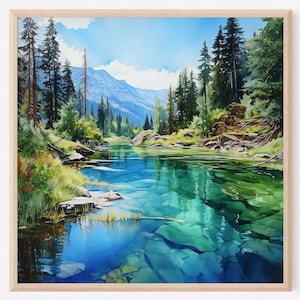 Bergsee Bilder Aquarell Kunstdrucke dunkelblaues Poster Tannenwald Berglandschaft Natur Bilder Schlafzimmer Wanddeko Landschaftsbilder Tannenwald