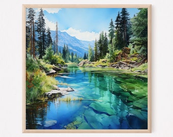 Mountain Lake Watercolor Art Print: Blue Green Landscape
