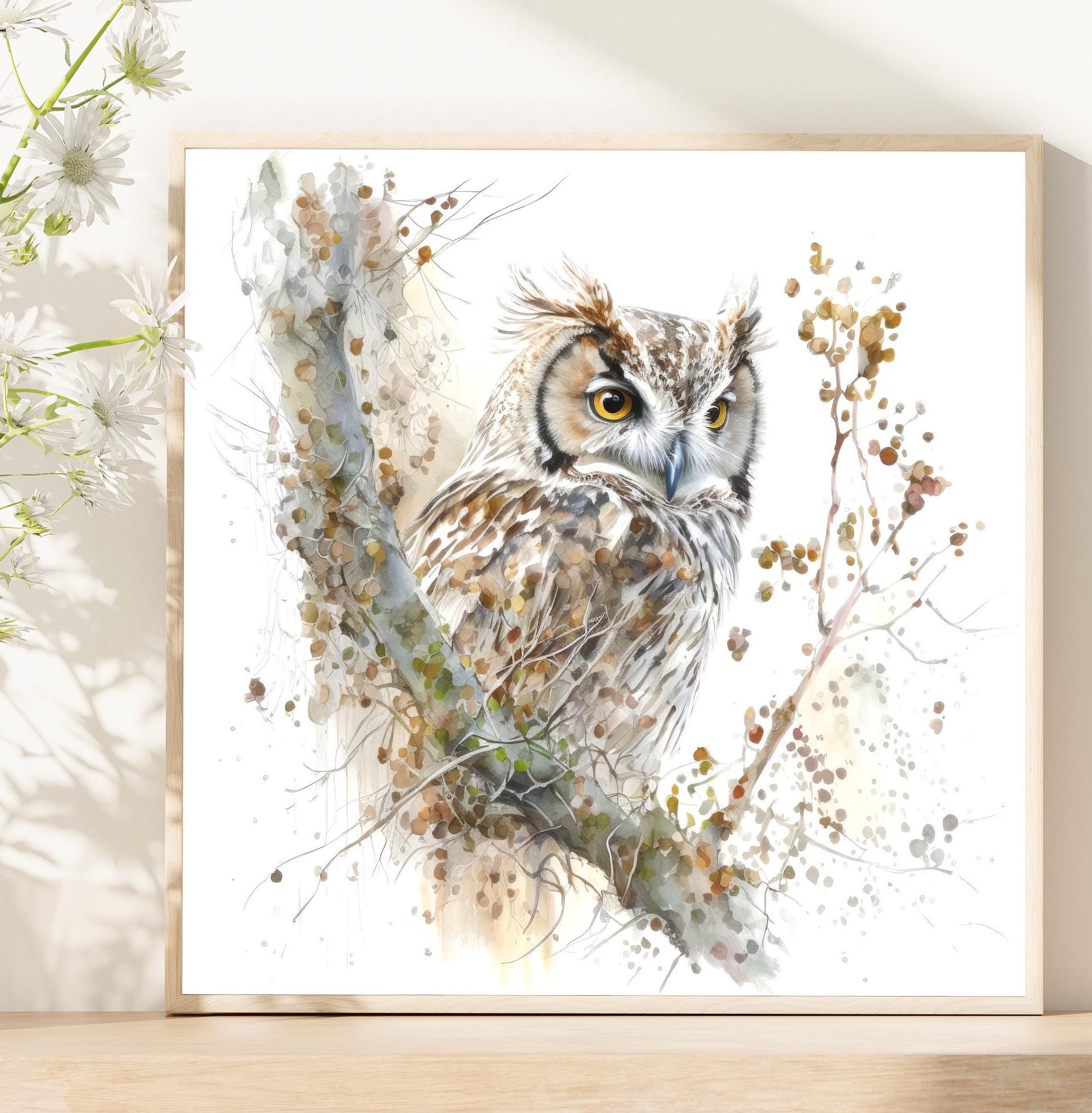 Owl Watercolor Painting Square Art Print. Home Decor Wall Art. OP