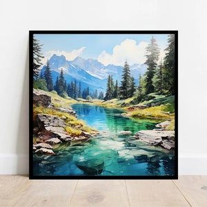 Mountain Lake Watercolor Print, Panoramic Nature Landscape Wall Art ...