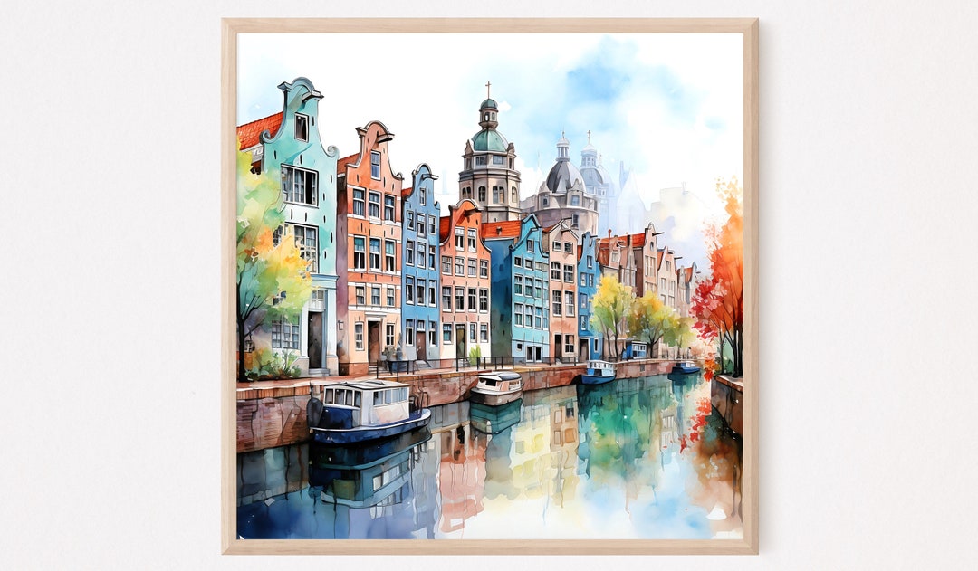 Amsterdam Canal Watercolor Painting: Dutch Houses Art Print - Etsy