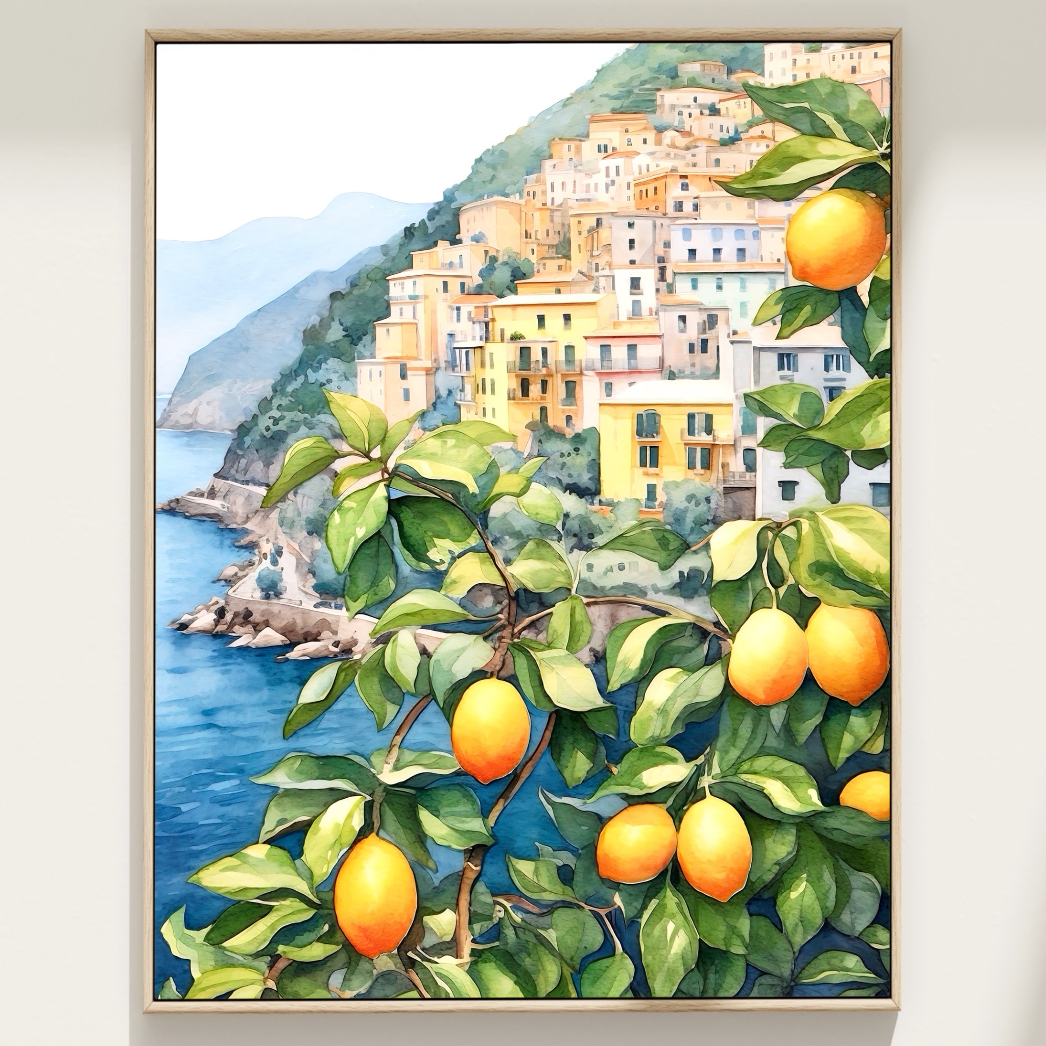 Amalfi Coast Watercolor Print, Positano Italy Lemon Tree Wall Art