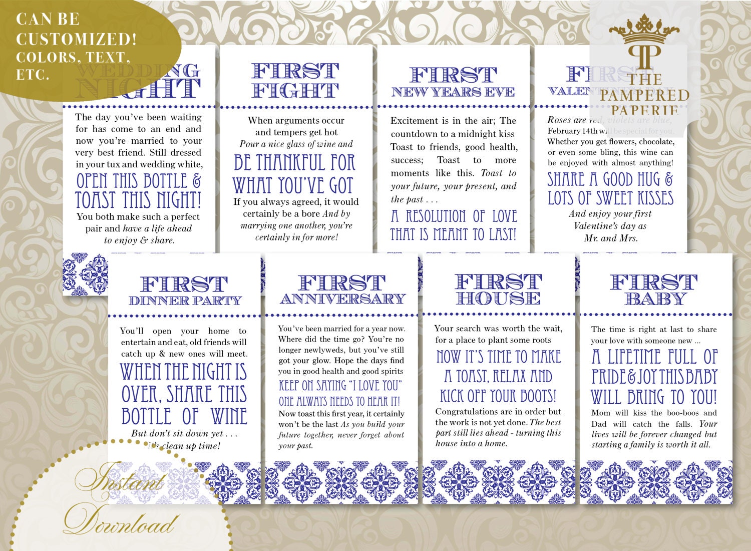 Wine Tags with Poems for Bridal Shower for Wine Gift Basket - BLUE - Set of  8 - INSTANT DOWNLOAD