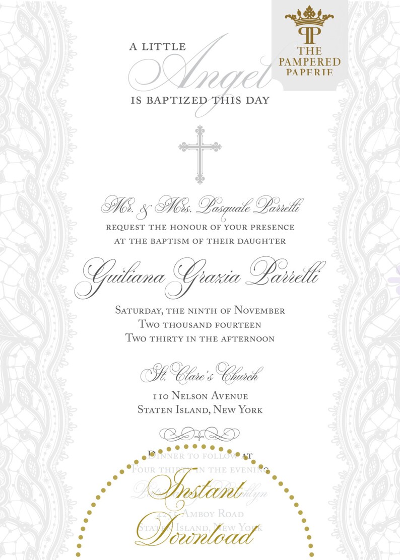 Christening Invitation Lace Angel Cross Digital Download Etsy