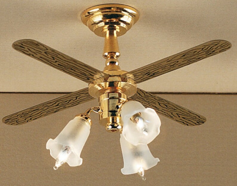 1 12 Scale Houseworks Miniature Frosted 3 Tulip Ceiling Fan Image 0