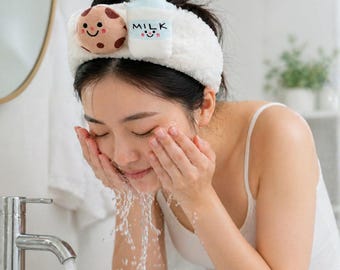 Milk and Cookies Spa Headband, Cute Skincare Hair Band, Makeup Facial Headband, Beauty Hair Holder, Soft Fluffy Wrap, Elastic Wash Band