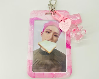 Pink Tie Dye Kpop Photocard Holder with Bear Charm
