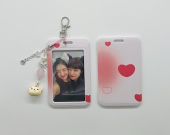 Pink Heart Kpop Photocard Holder, Bell Bear Charm Keychain