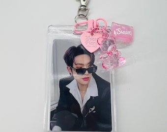 Clear Acrylic Kpop Photocard Holder with Pink Bear, Sweet Charm, Kpop PC Holder Keychain Ateez, BTS, Stray Kids, Txt Twice, Gidle, New Jeans
