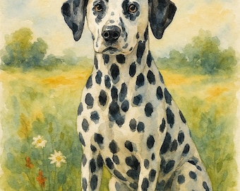 May include: Watercolor painting of a Dalmatian dog sitting in a grassy field. The dog has a white coat with black spots, black ears, and brown eyes. The background features a soft, blurred landscape with green and yellow hues.