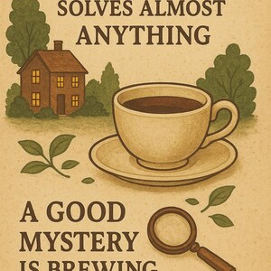 Könnte beinhalten: Illustration mit Text: "A CUP OF TEA SOLVES ALMOST ANYTHING" und "A GOOD MYSTERY IS BREWING." Zeigt eine Teetasse, Untertasse, Haus, Bäume, Blätter und eine Lupe, alles in warmen Farbtönen.