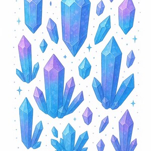 Könnte beinhalten: Illustration verschiedener blauer und violetter Kristalle mit Aquarelleffekt. Die Kristalle variieren in Größe und Form, einige sind gruppiert. Kleine sternförmige Akzente sind auf weißem Hintergrund um die Kristalle verstreut.