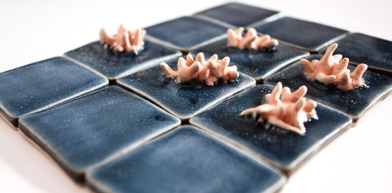 May include: Close-up of a collection of square, dark blue ceramic tiles. Each tile has a coral-like, light orange ceramic sculpture affixed to its surface. The tiles are arranged in a diamond pattern, creating a decorative display.