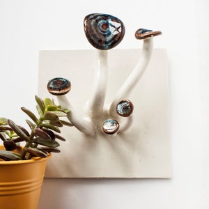 May include: White ceramic wall mounted mushroom shaped hooks with brown and blue glaze. The hooks are arranged in a cluster of five.