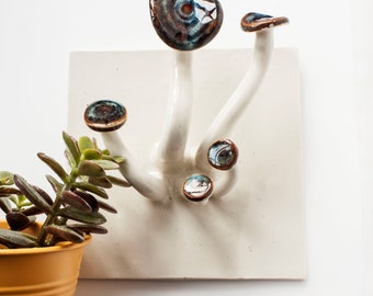 Square Stoneware Tile with Mushroom Hooks