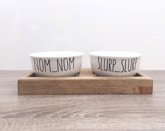 Pet Bowls | Dog Dishes | Funny Pet Bowls | Pet Feeding Station | Gifts for Pets | Small Dog Bowls | Nom Nom Slurp Slurp | White Pet Bowls