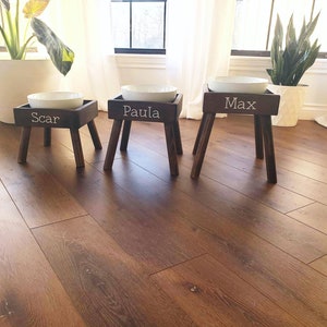 May include: Three dark brown wooden pet feeding stands of varying heights, each featuring a white ceramic bowl. The front of each stand is personalized with white lettering reading Scar, Paula, and Max, respectively, from left to right.