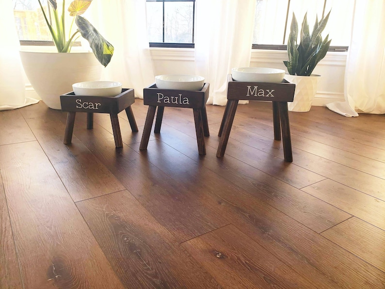 May include: Three dark brown wooden pet feeding stands of varying heights, each featuring a white ceramic bowl. The front of each stand is personalized with white lettering reading Scar, Paula, and Max, respectively, from left to right.