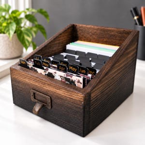 May include: A dark brown wooden desktop organizer box with a slanted top and a metal label pull handle on the front. Inside are several black tabbed dividers labeled with the months of the year from Jan to Dec, holding various cards.