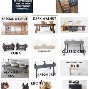 May include: A collection of wooden pet feeding stations featuring various stain colors including special walnut, dark walnut, honey, kona, sunbleached, classic grey, weathered grey, carbon grey, weathered oak, black, and sedona red with bowls.