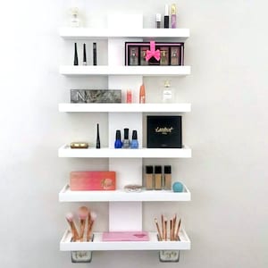 Wall Mounted Makeup Organizer | Tiered Makeup Shelf | Cosmetic Display | Eye Palette Organizer | Makeup Brush Holder | Glam Room Decor