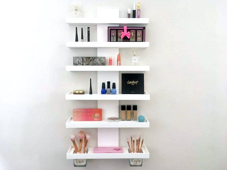 Wall Mounted Makeup Organizer Tiered Shelf Cosmetic Display Eye Palette Brush Holder Glam Room Decor